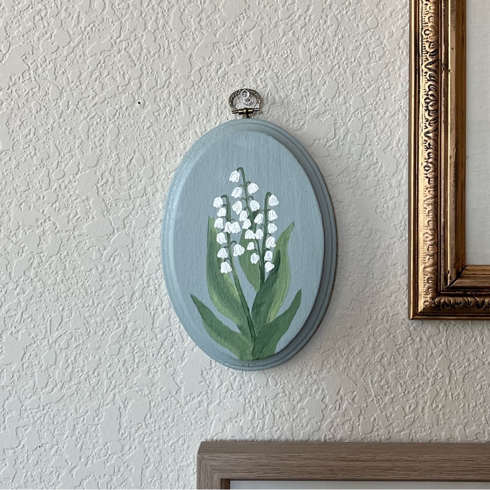Hand Painted Lily of the Valley Wooden Plaque with Vintage Brass Hanger